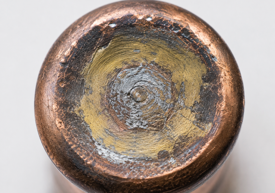 Copper electrode face with brass alloying from welding galvanized steel