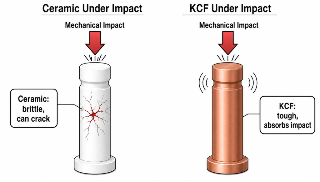 ceramic cracking under impact versus KCF absorbing impact comparison