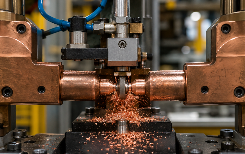 Pneumatic tip dresser restoring electrode cap face on a welding line