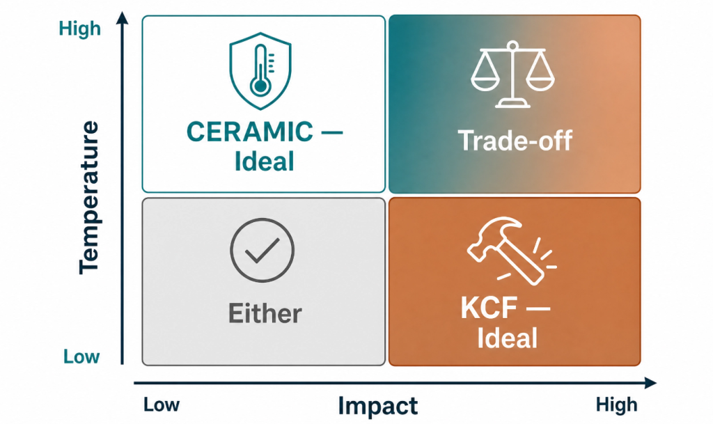 temperature versus impact quadrant showing when ceramic or KCF fits