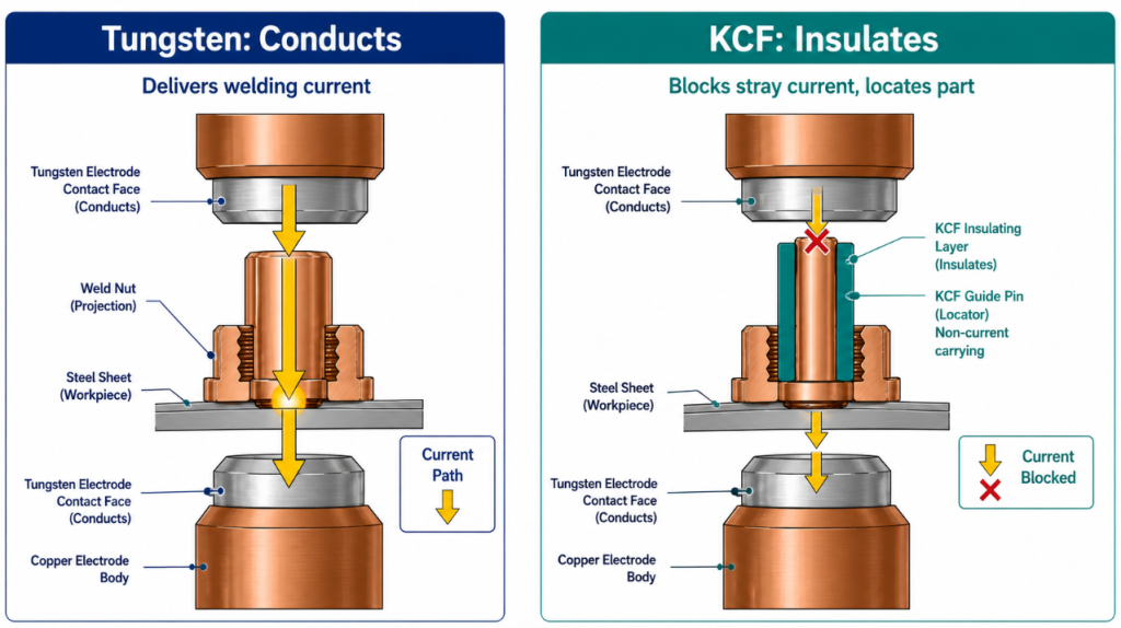 tungsten conducts current versus KCF insulates and locates comparison