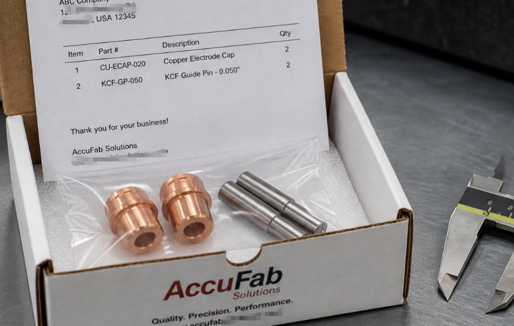 Sample order of electrode caps and KCF guide pins for supplier testing