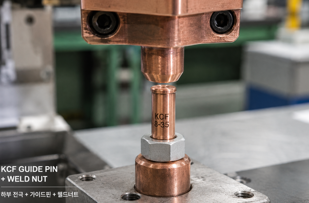 KCF guide pin protruding from lower welding electrode with weld nut positioned