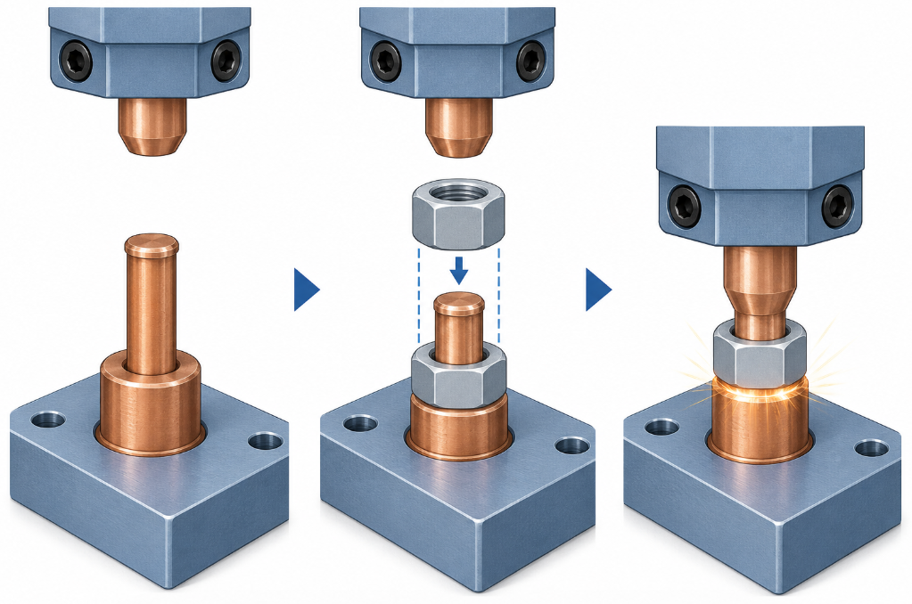 Nut welding sequence showing guide pin locating and electrode welding stages