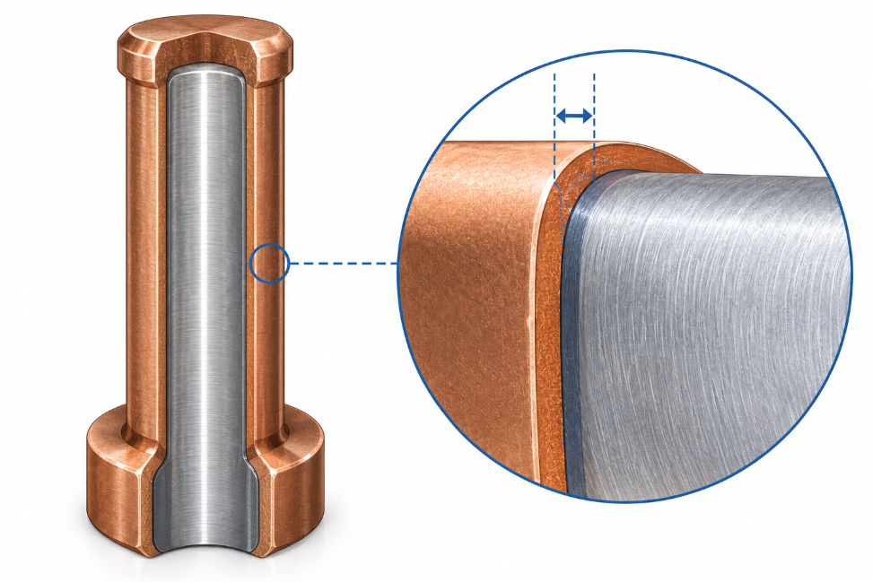 KCF guide pin cross-section showing 8-15 micron insulation layer over metal core