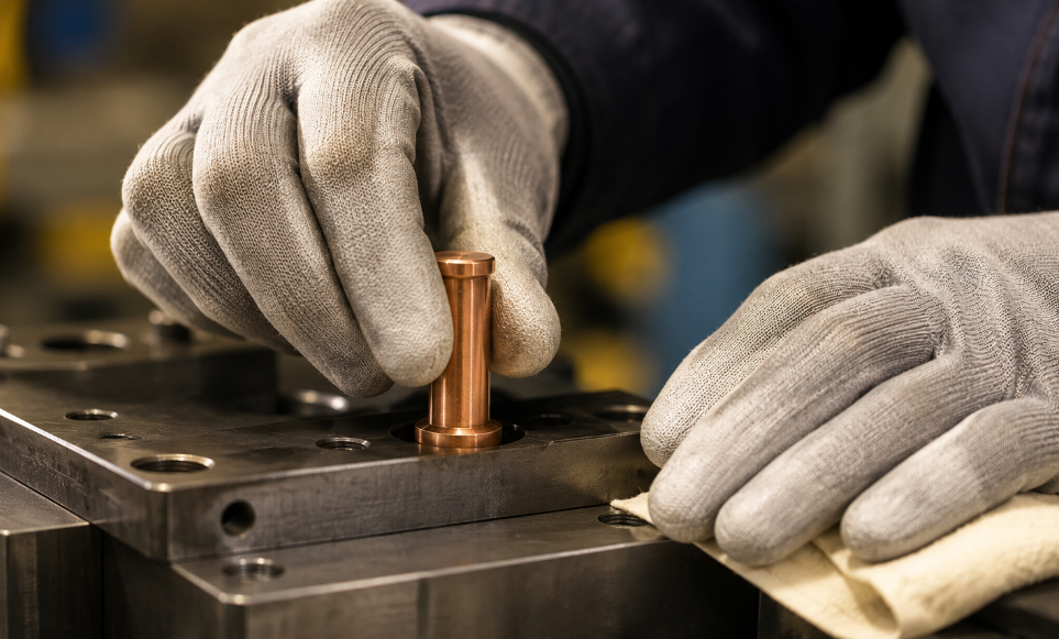 Technician carefully seating a KCF guide pin into a welding fixture