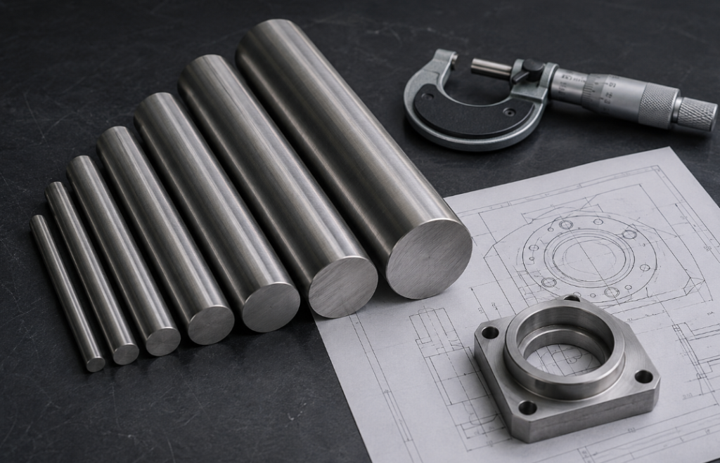 KCF alloy rods of different diameters with micrometer and fixture drawing