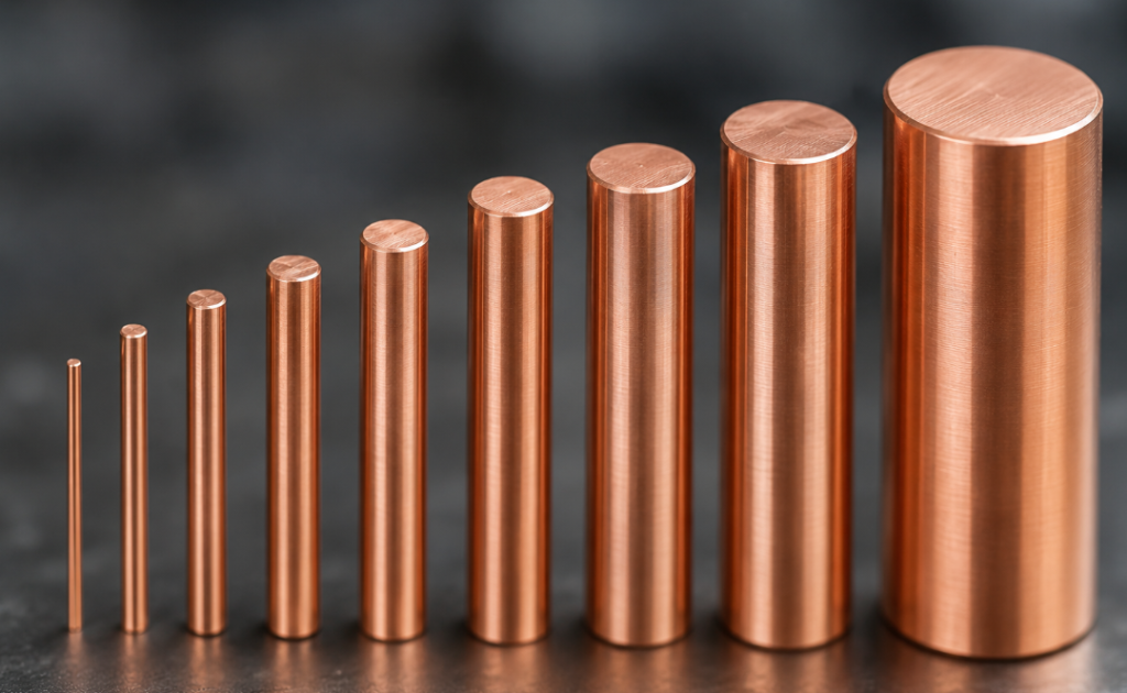 Graduated diameters of copper-toned KCF alloy rods standing upright