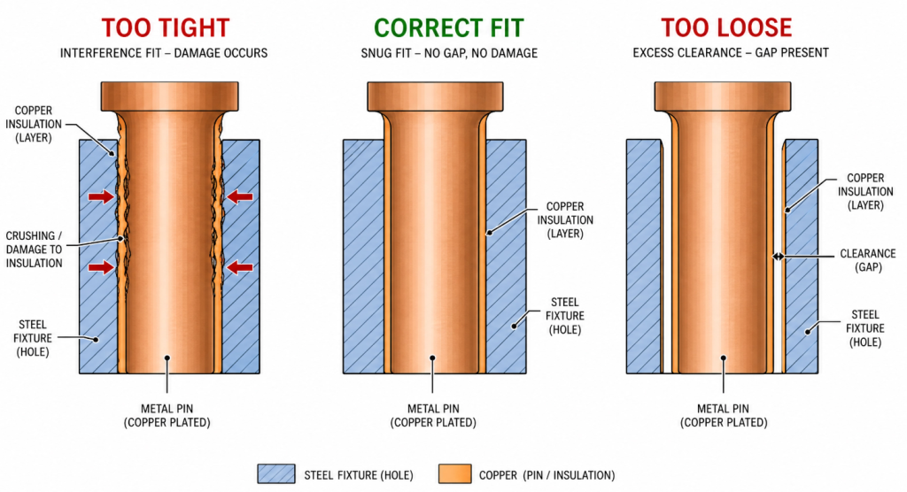 Pin-in-fixture fit diagram showing too tight correct and too loose tolerance