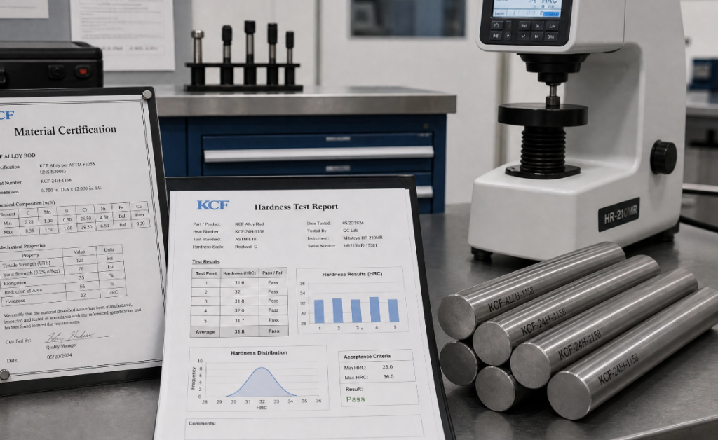 KCF alloy rod material certification and hardness test report on bench
