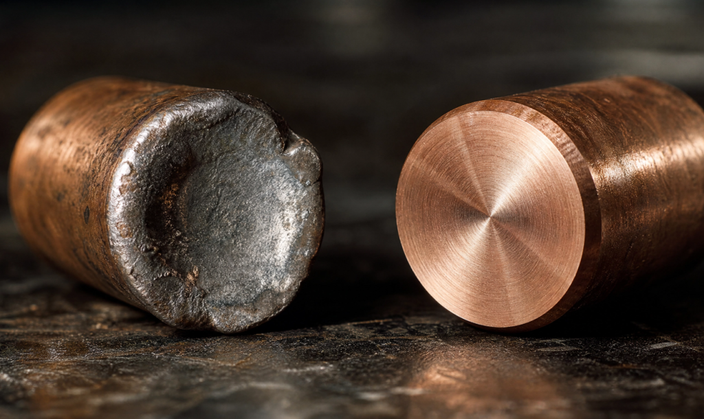 Mushroomed spot welding electrode cap next to fresh sharp-edged cap