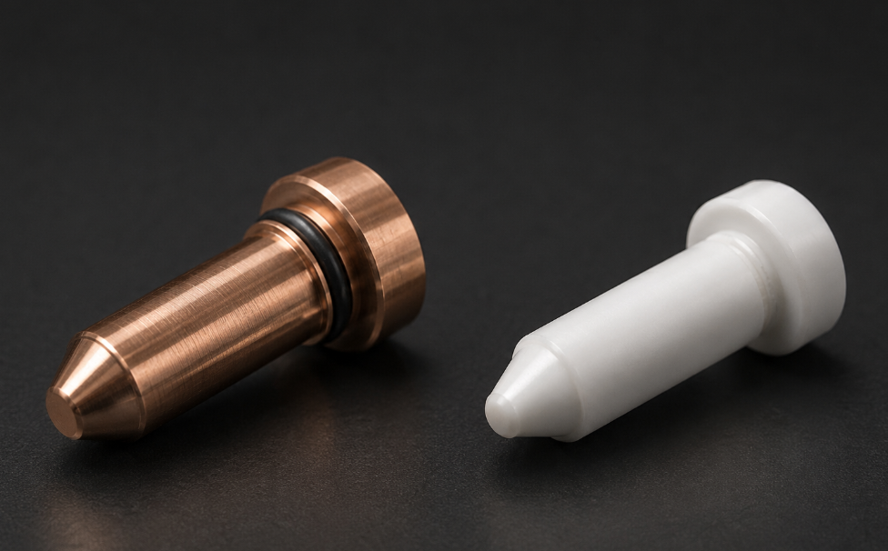 KCF guide pin and ceramic pin compared side by side for spot welding