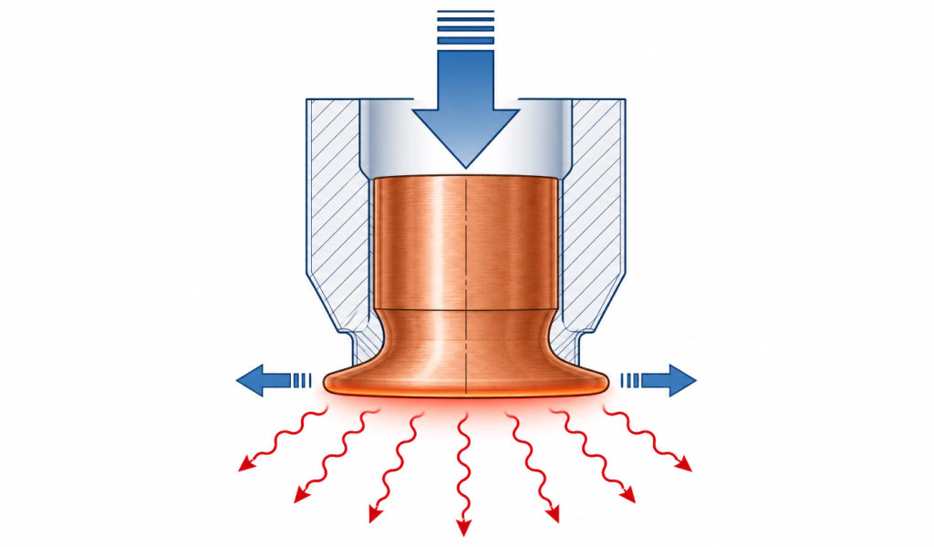 Heat and pressure forces causing welding electrode face to spread and deform