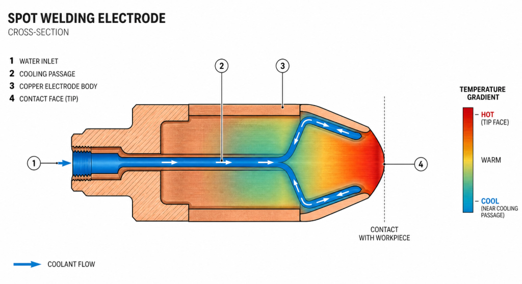 Electrode cross-section temperature gradient from cool core to hot face