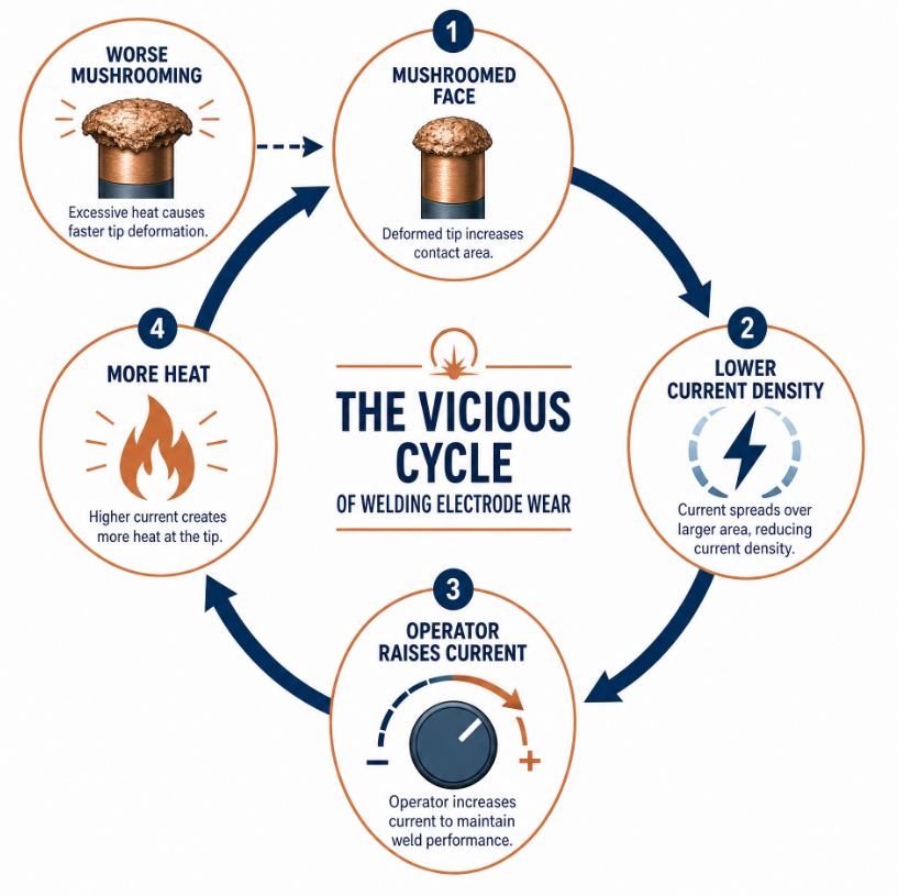 Vicious cycle diagram of mushrooming lowering current density raising current