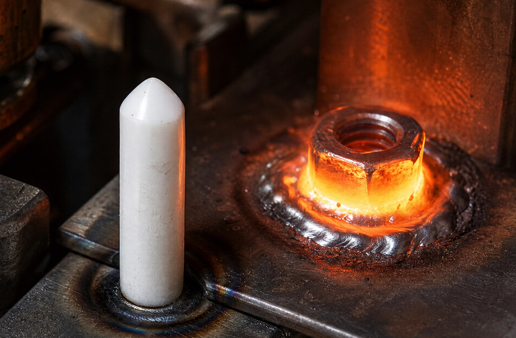 White ceramic locating pin withstanding high heat in a resistance welding zone