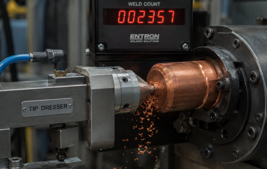 electrode cap being dressed against pneumatic tip dresser with weld count counter