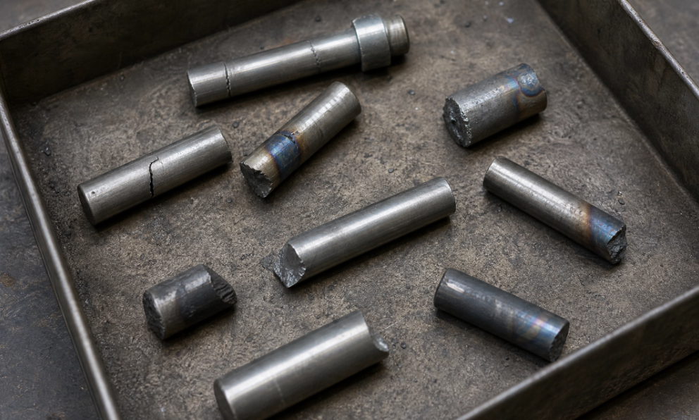 Failed welding pins showing clean cracks and heat discoloration for failure-mode diagnosis