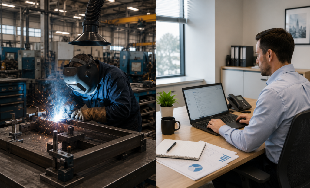 real welding parts factory workshop contrasted with plain trading company office