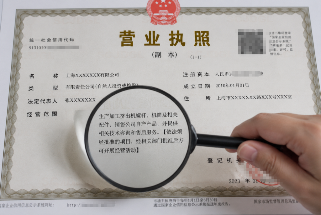 examining Chinese business license business scope field to verify a manufacturer