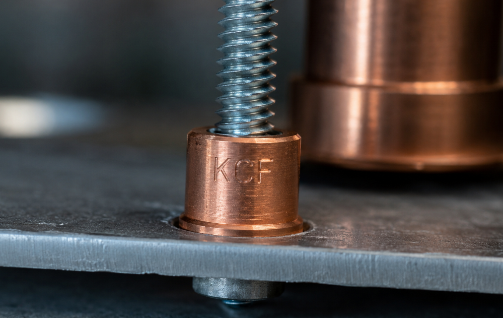KCF guide sleeve protecting threaded weld bolt shank through steel panel hole