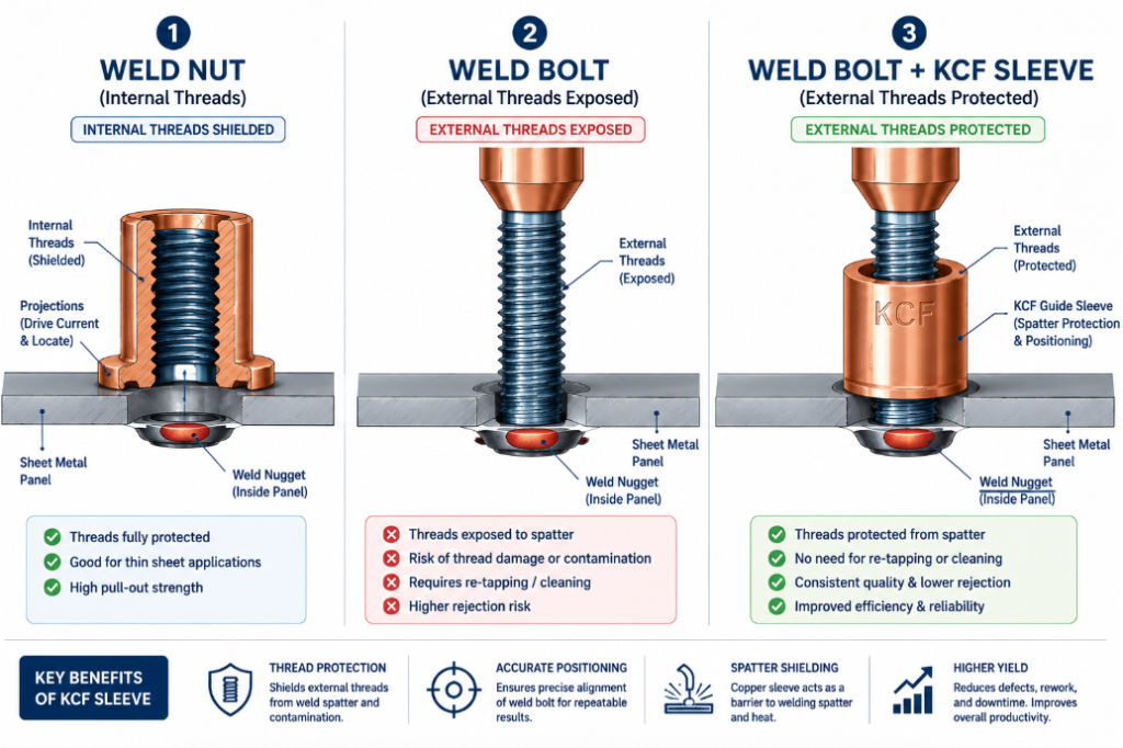 weld nut internal threads versus weld bolt external threads comparison diagram