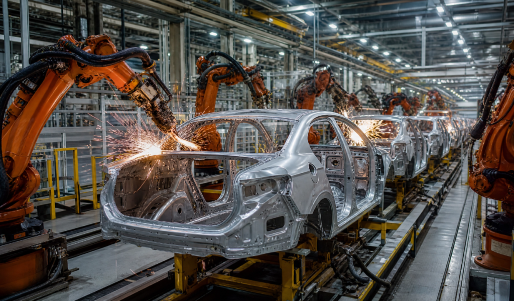 automotive body-in-white production line with robotic resistance welding arms
