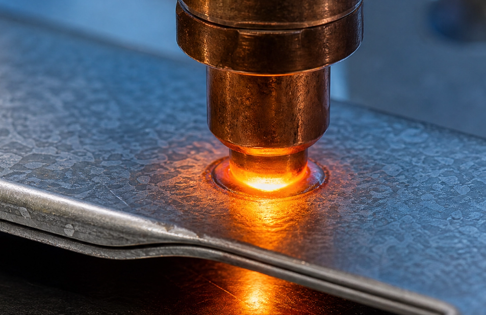 galvanized high-strength steel automotive panel being resistance spot welded
