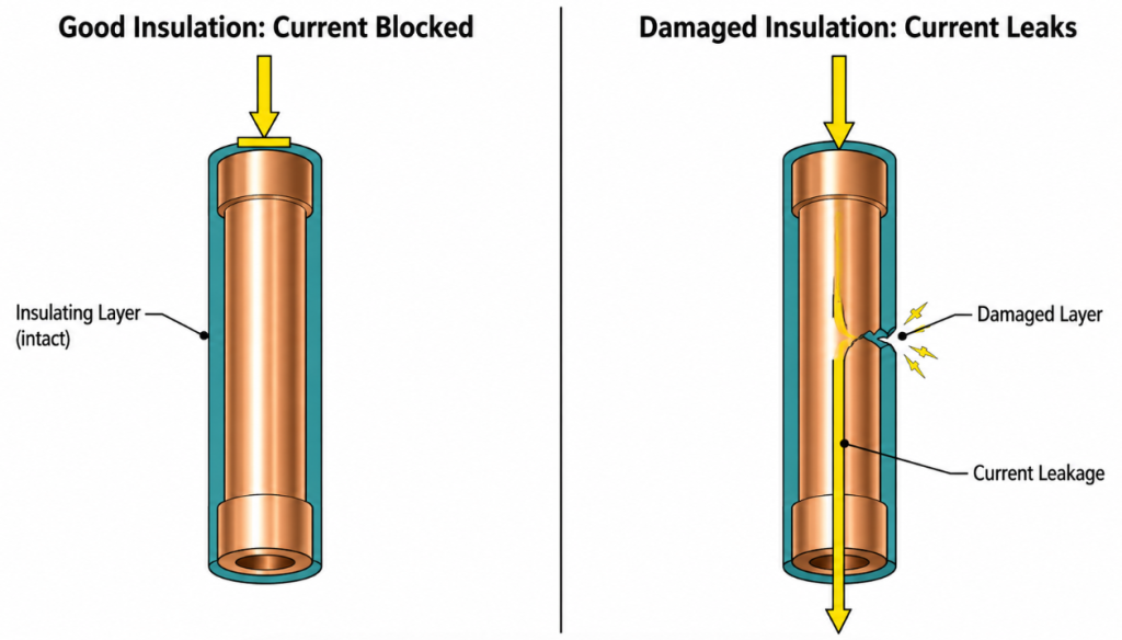 good insulation blocking current versus damaged insulation leaking current diagram