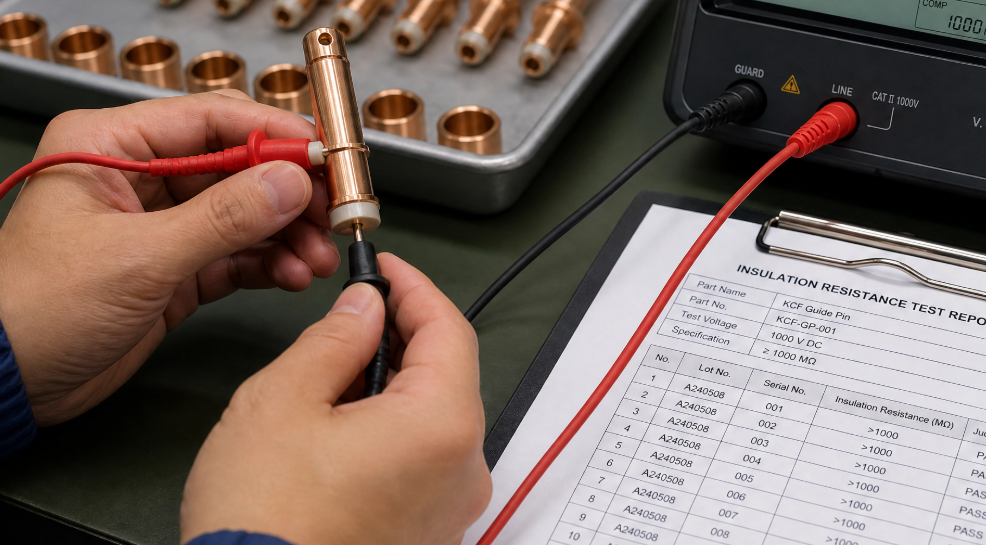 QC technician per-batch insulation resistance testing of KCF guide pins