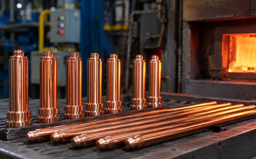 KCF parts near industrial heat-treatment furnace with warm glow