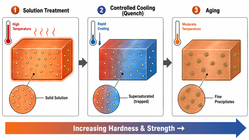 copper alloy precipitation hardening three stages solution treatment cooling aging diagram