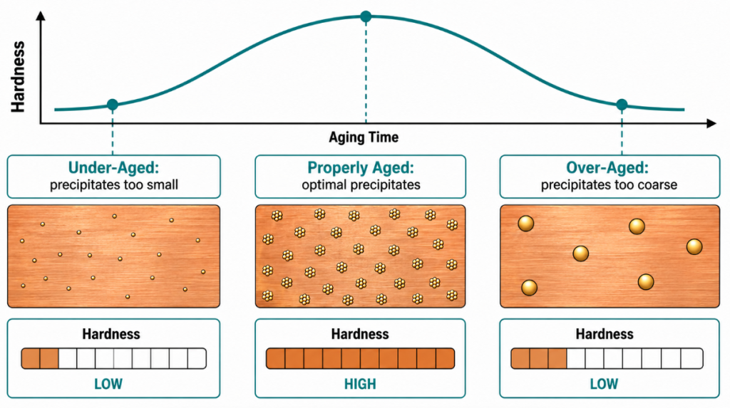 under-aged properly aged and over-aged precipitate size hardness comparison