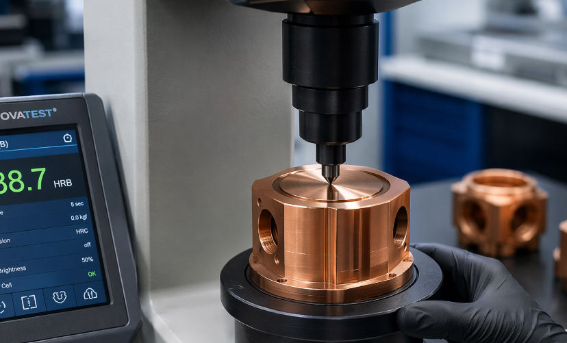 technician performing hardness test on KCF part with benchtop tester