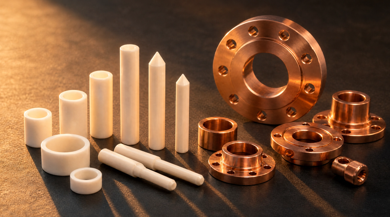 white ceramic locating pins and sleeves alongside copper KCF parts comparison
