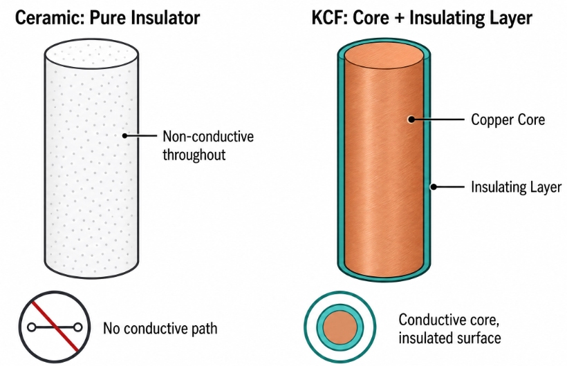 ceramic pure insulator versus KCF copper core with insulating layer cross-section