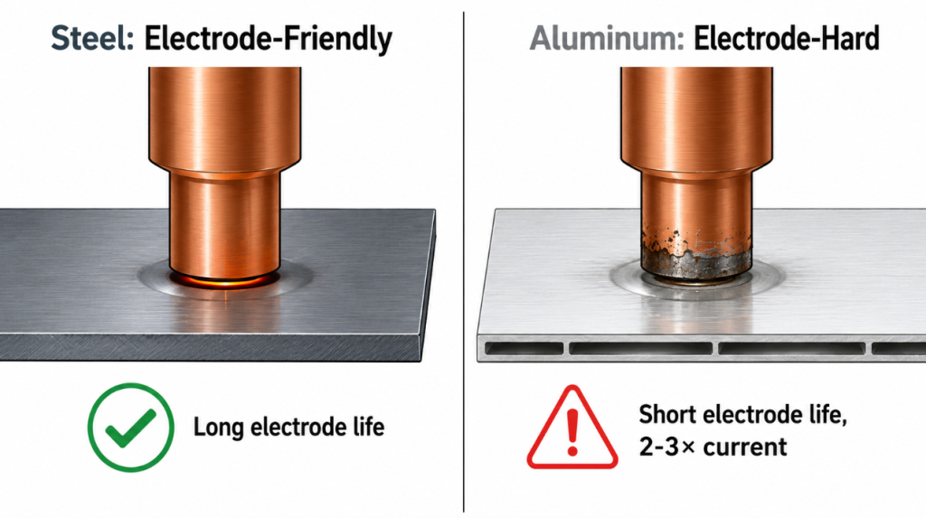 steel electrode-friendly versus aluminum electrode-hard spot welding comparison
