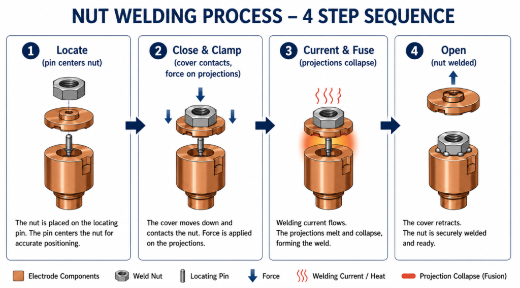 nut welding four-step sequence locate clamp fuse open