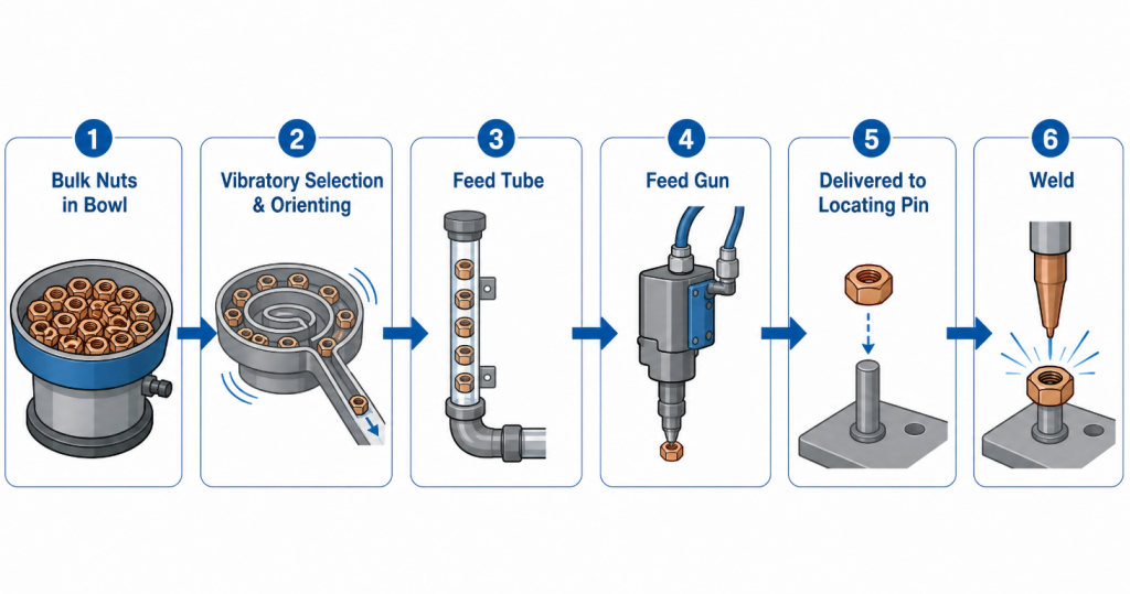 nut feeder sequence bulk nuts vibratory selection feed gun locating pin weld