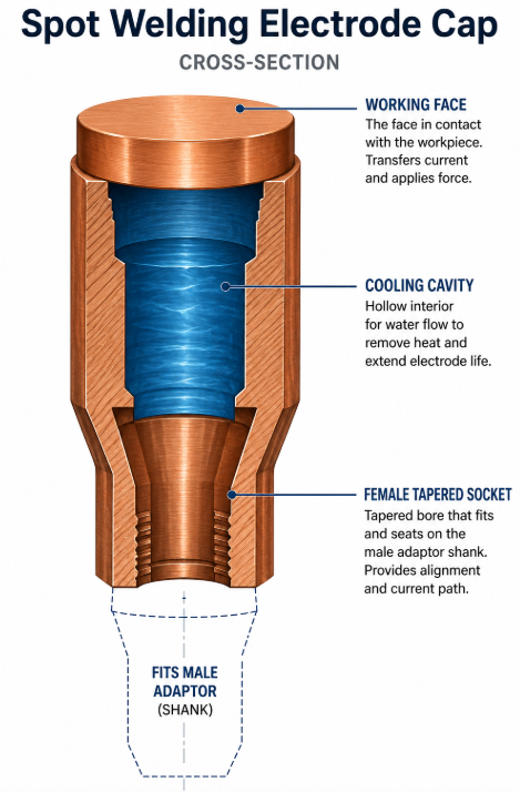 spot welding electrode cap cross-section working face cooling cavity taper socket