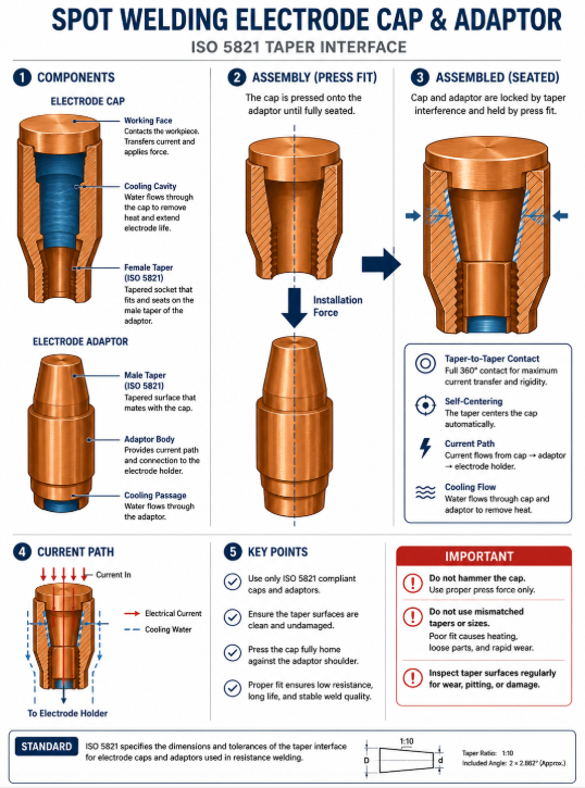 electrode cap seating on adaptor via ISO 5821 taper fit