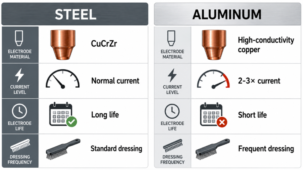electrode approach comparison steel CuCrZr versus aluminum high conductivity