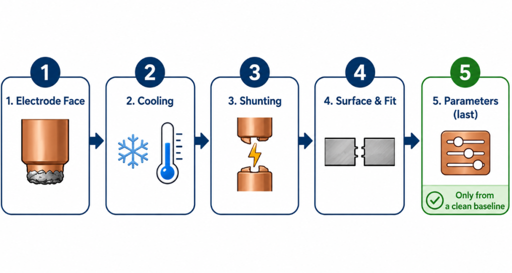 five-step spot welding defect diagnostic order electrode face first parameters last